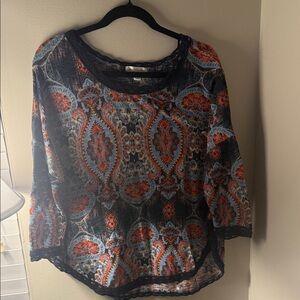 JohnPaulRichard Navy Blue Paisley Lace-Trim Tunic with Red Accents